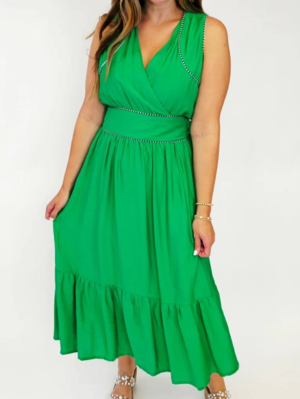 Umgee Kelly Green V-Neck Wrap Midi Dress with Trim Detail-NWT